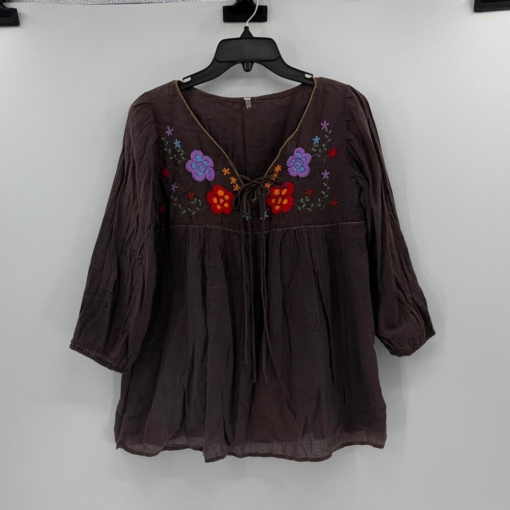 Bohemian Peasant Style Embroidered Top - Brown - Medium